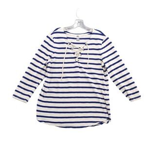 Old Navy Striped Tunic‎ Top Lace Up 3/4 Sleeve Nautical Sz L Beach Vacation